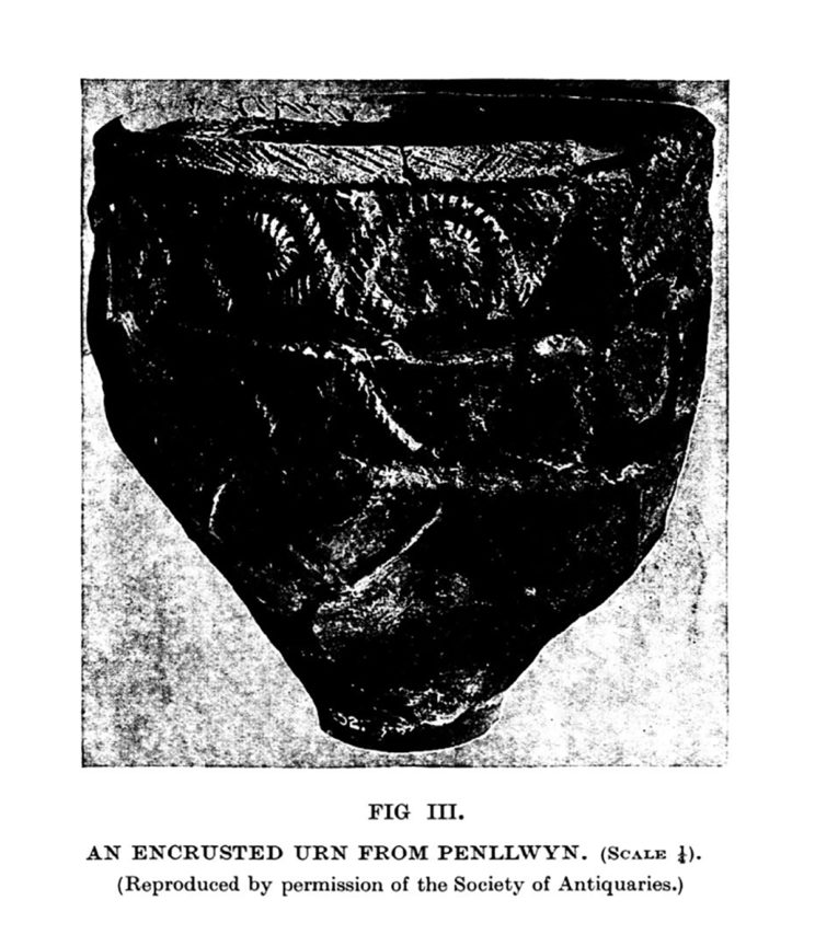 Urn wedi'i wasgaru o Benllwyn. Atgynhyrchwyd trwy ganiatâd Society of Antiquaries